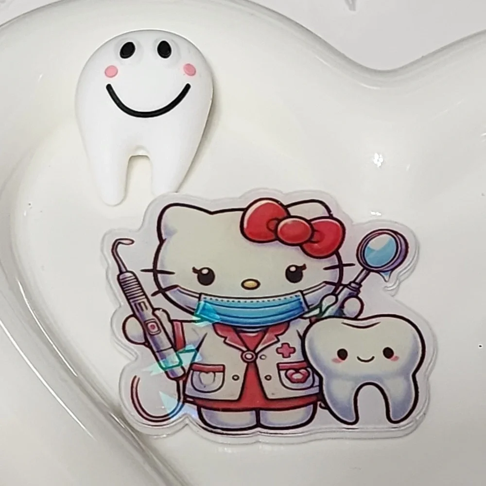 Dentist Cat Flatback Focal Bead Tooth Glitterback Badge Keychain Beaded Pen